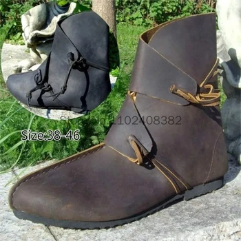 Medieval Renaissance Retro PU Leather Shoes Halloween Middle Ages Victorian Gothic Vintage Ankle Short Boots Party Cosplay Props