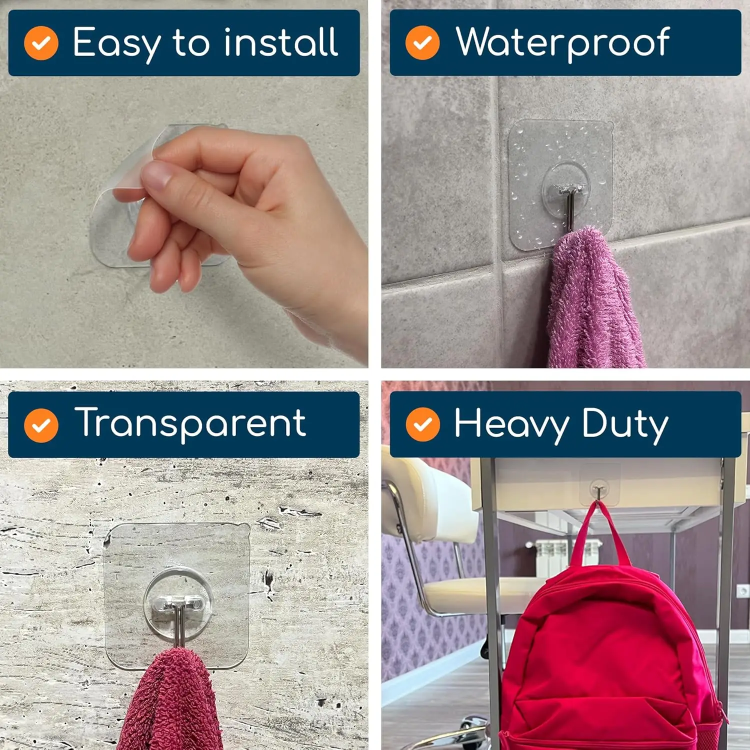 Wall Hooks for Hanging Heavy Duty 22 lbs Hooks for Walls No Damage, Towel Sticky Clear Hooks, Waterproof