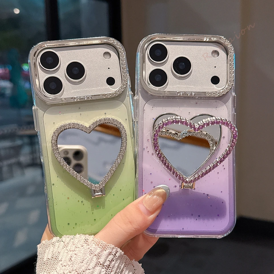 3D Bling Glitter Heart Mirror Diamond Phone Case For Iphone 15 14 12 13 16 17 Pro Max Official Gradation Protector Cover_voghion.com