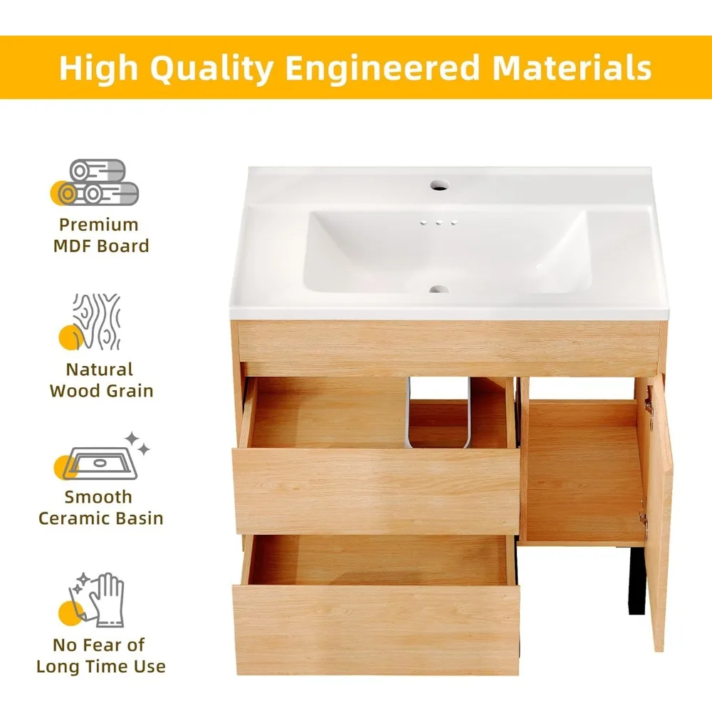 36 Inch Bathroom Vanity with Undermount Ceramic Sink, Natural Brown Bathroom Sink Cabinet, Modern Bathroom Storge Vanity 6