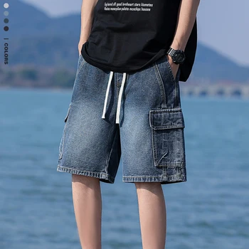 Vintage Blue Men's Denim Shorts Summer New Large Pocket Loose Wide Leg Cargo Jeans Knee Length Elastic Waist Casual Shorts 1