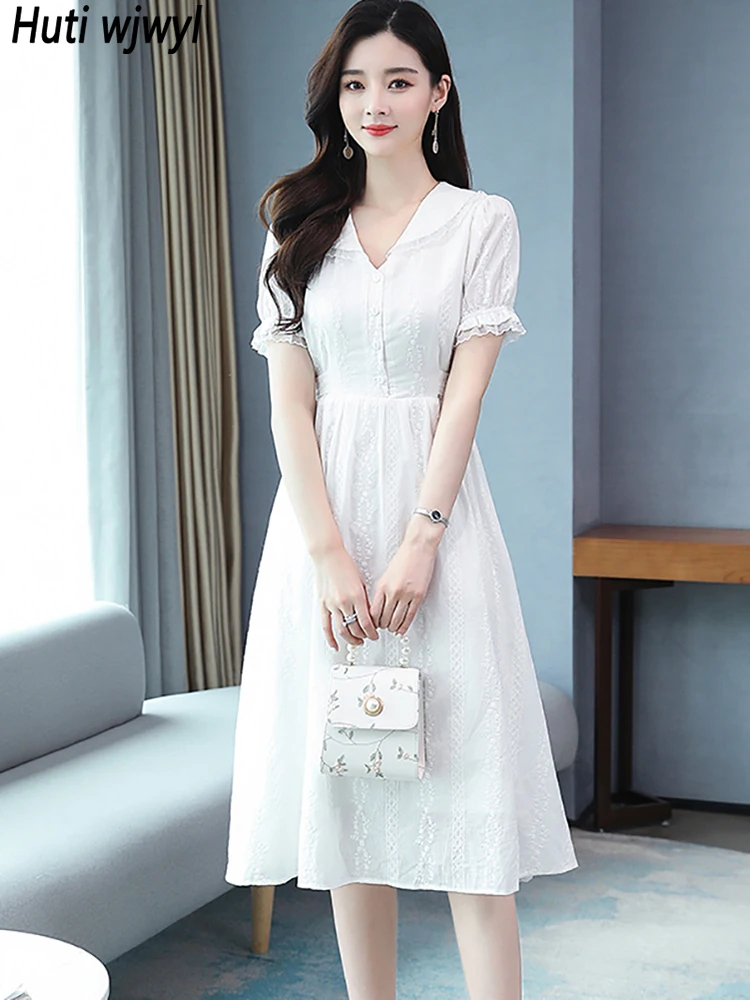 

Summer Casual Chic Prom Dresses 2023 Korean Elegant Bodycon High Waist Vestidos White Jacquard Puff Sleeve Sexy Night Midi Dress