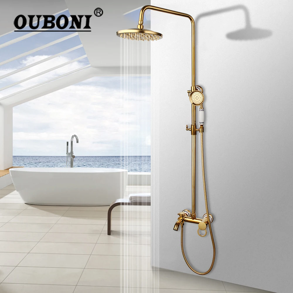 

OUBONI Luxury Bathroom 8" Rain Shower Faucets Set Gold Polish Rainfall Head Bathtub Hot Cold Water Mixer Tap Wall Mounted