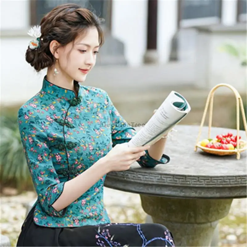 

2023 Chinese flower printing top hanfu women oriental shirt traditional vintage cheongsam blouse ethnic style tang suit a439