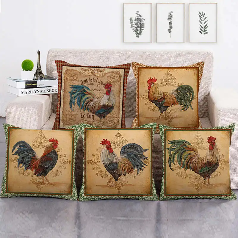 Pillow Cover Cute Rooster Animal Printed Linen For Home Sofa Living Room