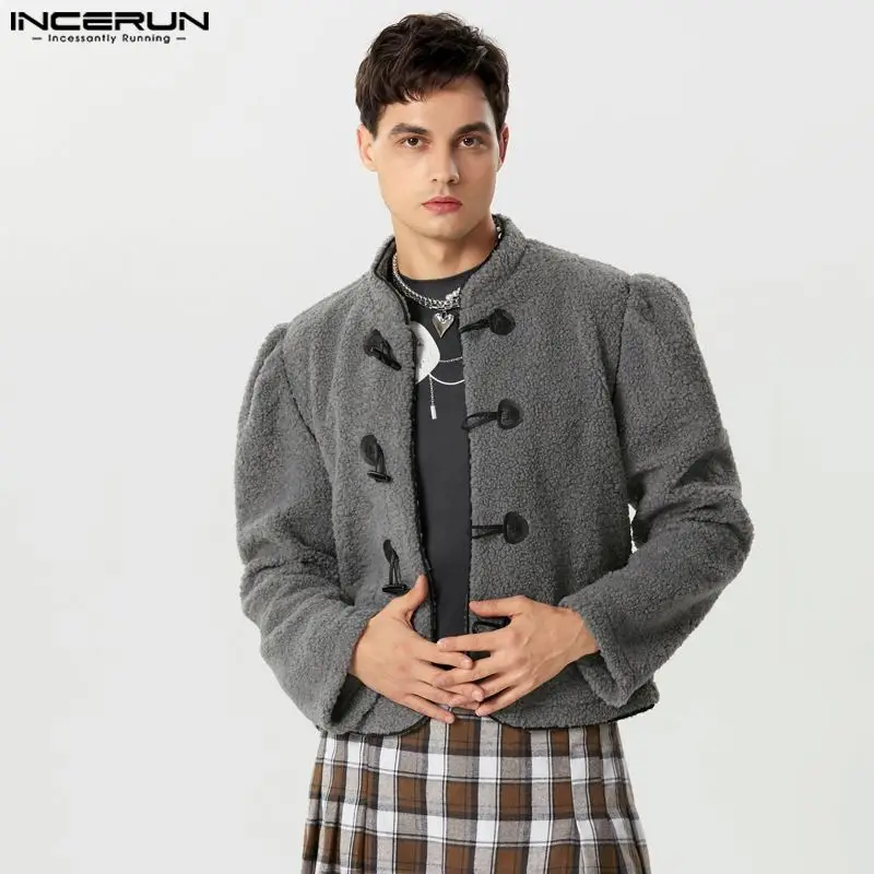 

2023 Fashion Men Jackets Plush Patchwork Stand Collar Long Sleeve Button Male Coats Streetwear Casual Outerwear S-5XL INCERUN