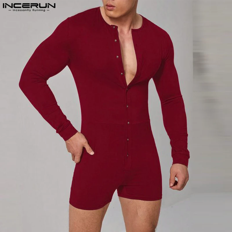 Men Bodysuits INCERUN Solid Color Skinny O-neck Long Sleeve Button Casual Leisure Playsuits Pajamas