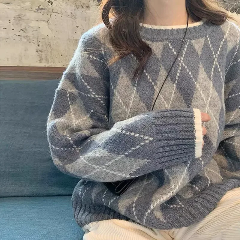 Women Plaid Knitted Sweater Autumn Winter