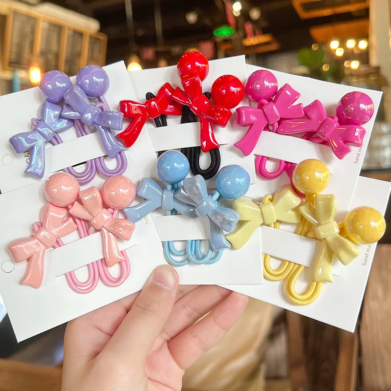 

2PCS Set Solid Candy Color Knot Bow Round Ball Long Elastic Hair Band Girl Children Cute Simple Sweet Braid Ponytail Rubber Ties