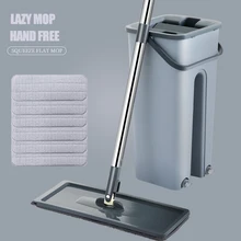 

Newest Flat Mop Bucket Set Thicken Bucket Squeeze Floor Mop Spin Hand Free Washing Mops 6 Pcs Mops Rags Home Cleaning Tools Grey
