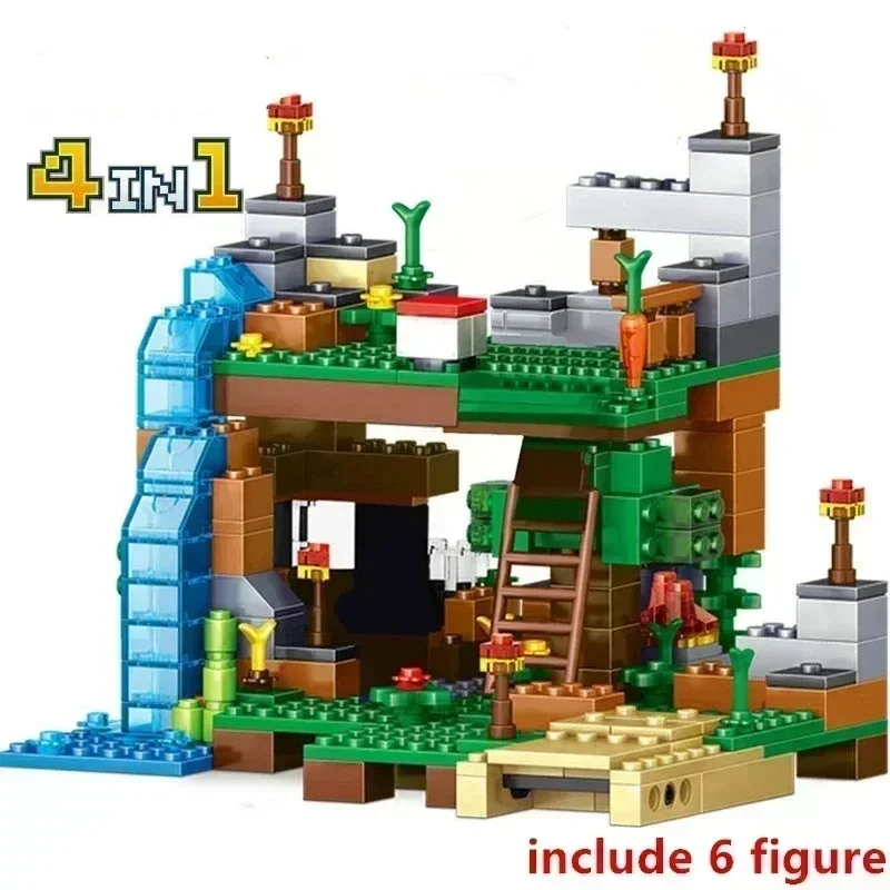 Villages House Worlds Building Blocks Mountain Cave Farm Nether Fight Zombie Alex Action Bricks Toys for Children Gifts 4