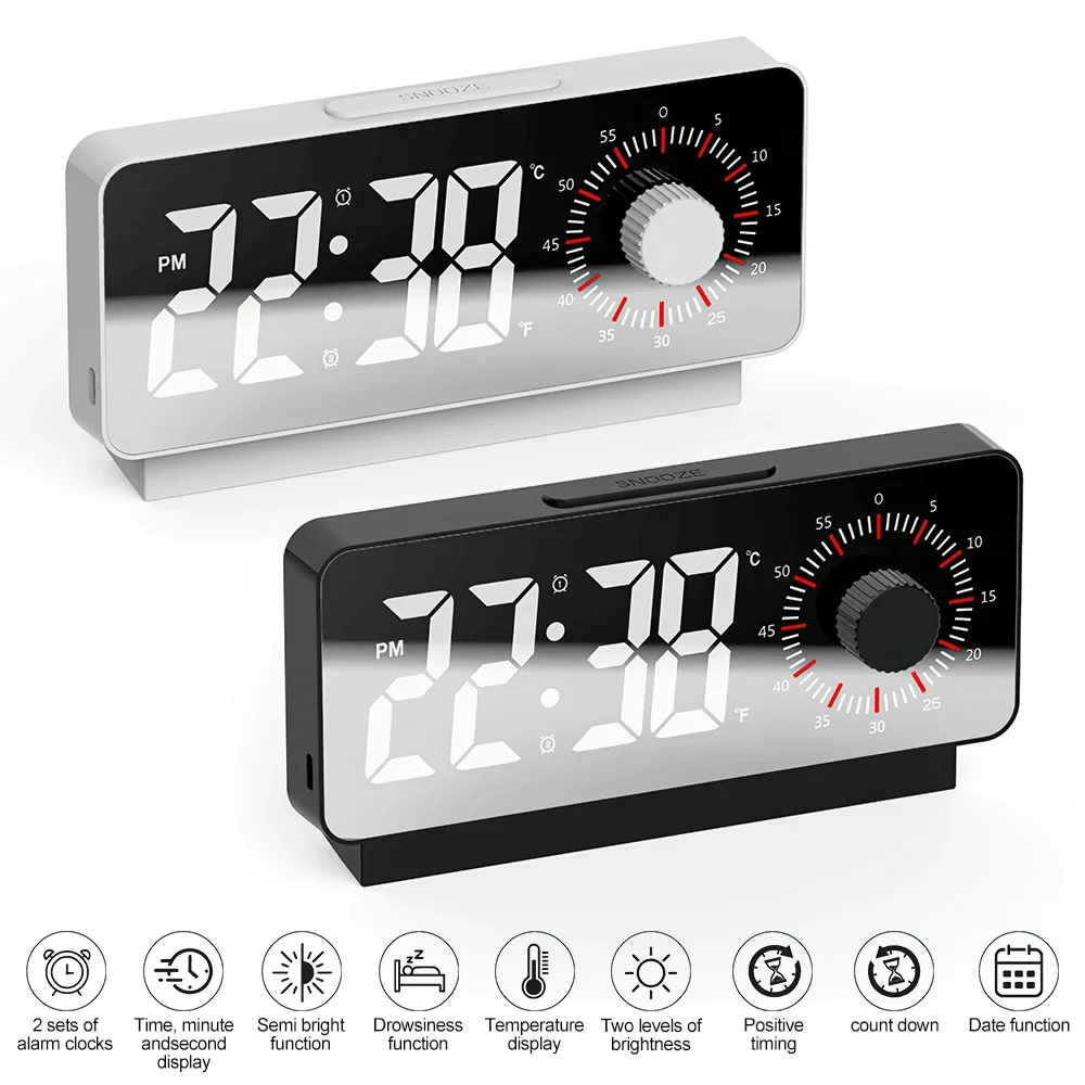 

LED Digital Alarm Clock Visible Timer Snooze Temperature Date Knob Countdown USB Rechargeable Desktop Mirror Clock Bedroom Decor