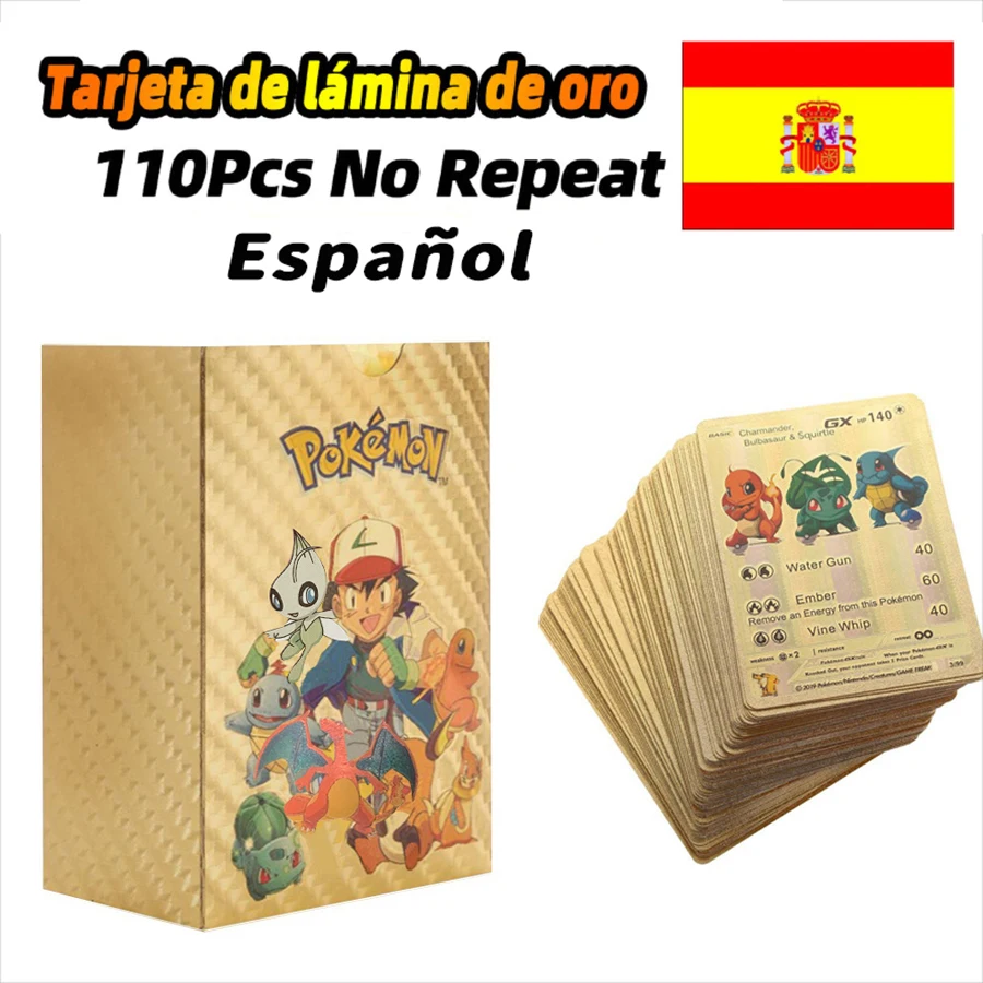 110-27 tarjetas Pokémon (español, francés, inglés, alemán, Vmax GX, cartas de energía de batalla, Pikachu, colección de juegos, juguetes de batalla, regalos)