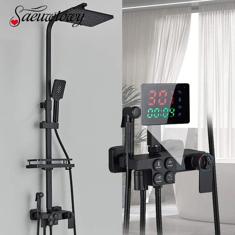 Matte Black 4 Functions Display Screen Shower Faucet Bathroom Rotate Bath Tub Bidet Shower Push Button Rainfall Head Mixer Tap