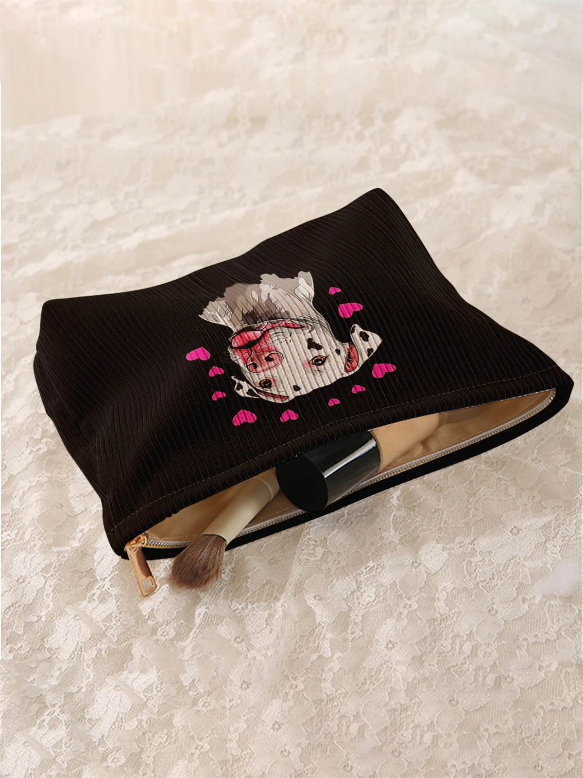 1pc cartoon dog pattern printed corduroy makeup bag, lightweight zipper makeup storage box, multifunctional bag with lining
