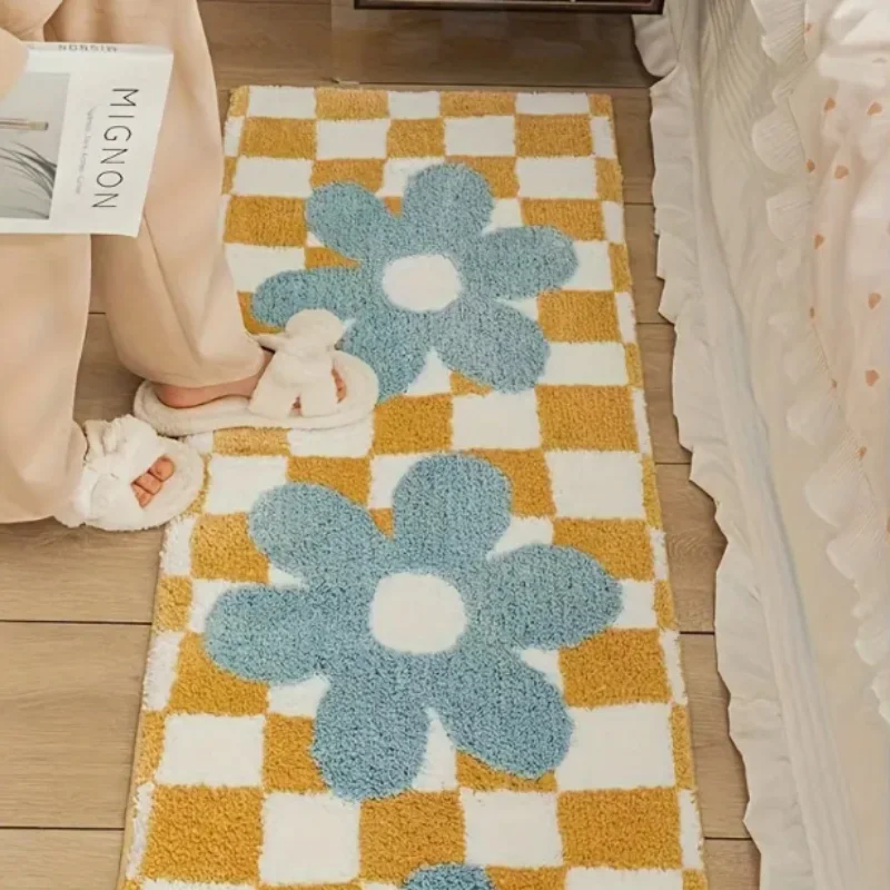 VIKAMA 소박한 체크무늬 목욕 매트 편안하고 부드럽고 따뜻한 미끄럼 방지..