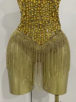 Luxury Golden Rhinestone Sexy Mesh Stretch Bodysuits Women Birthday Dancer Performance Stage Wear Nightclub Team Hotwife Outfit - Image 6
