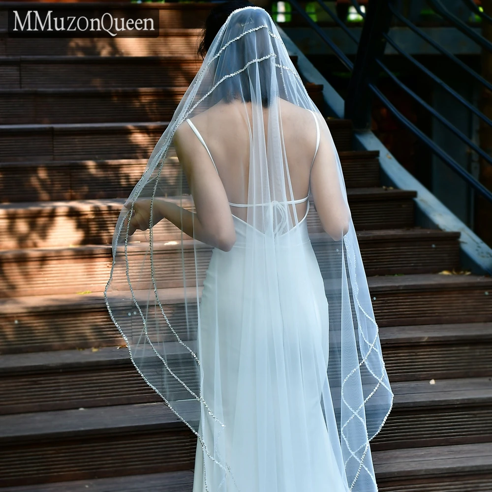 M87 Sparkling Rhinestone Bridal Veil 1 Tier Tulle Waltz length Long Sequins Edge Wedding Veils Woman Bride Accessories