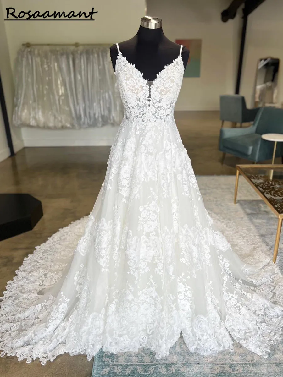 

Bohemian Backless Wedding Dresses Beach Square Collar Spaghetti Strap Lace Long A-Line Bridal Gown Vestido De Noiva