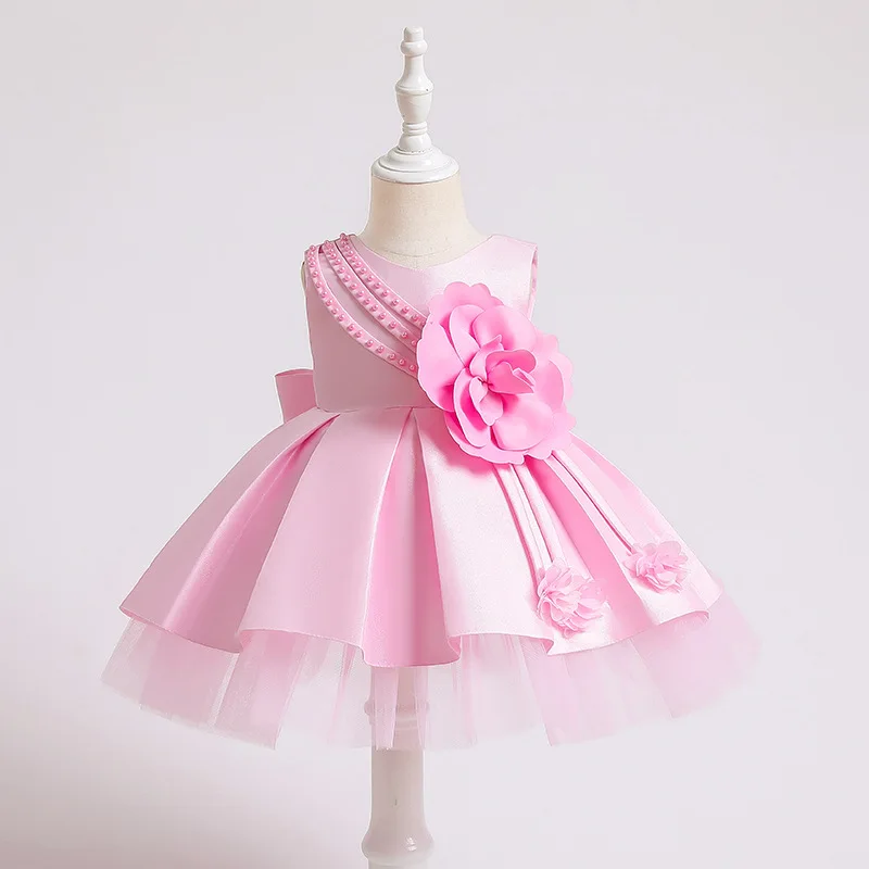 

9M-4T Toddler Girls Wedding Party Special Occasion Formal Gowns Handmade Flower Satin 1st Birthday Dress
