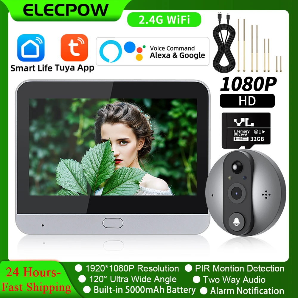 Cámara De Mirilla De Puerta Inteligente | Pantalla LCD 4.3" HD 1080P | Ángulo De 120° | Inalámbrica Con Detección De Movimiento | Visor Digital Con Intercomunicador