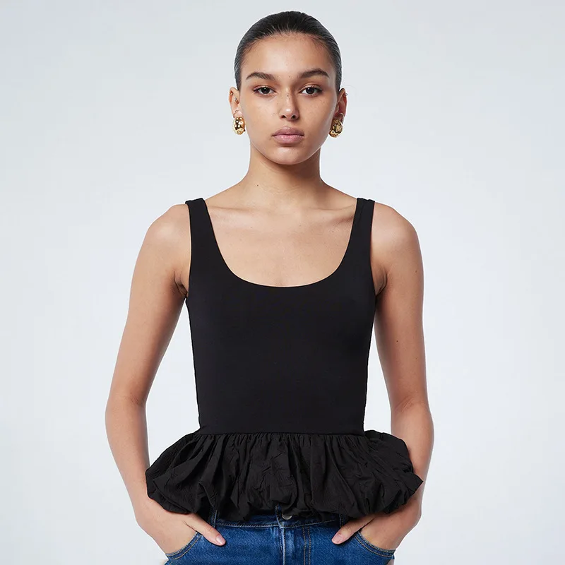 Solid Color Slim Camisole Top Bubble Vest Women's Ruched Patchwork Sexy Sleeveless Hot Girl Y2K Club Party Short Vestido