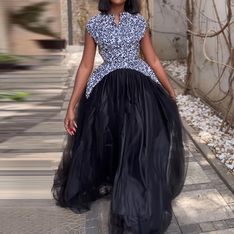 

Fashion Printed Mesh Patchwork Long Dress 2024 Vintage Short Sleeved High Waist Evening Dress Women's O-neck Pleated Party Dress