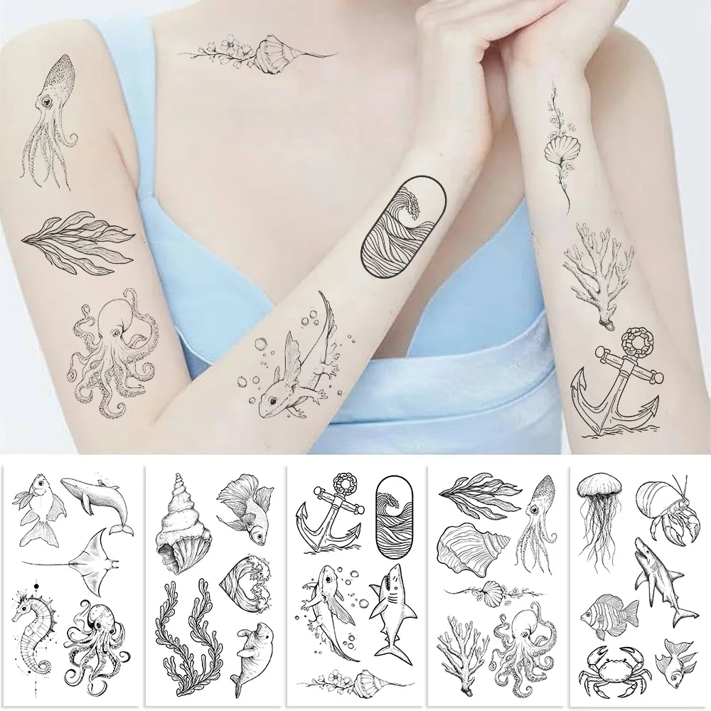 10 Sheets/Set Ocean Minimalist Shark Seahorse Jellyfish Tattoo Stickers For Face Hand Body Temporary Tattoo Stickers Toys Gifts tattoo sticker temporary tattoos