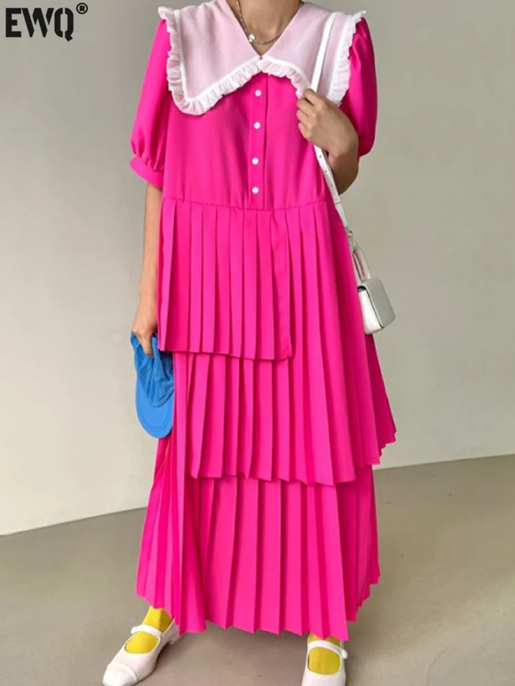 Женское плиссированное платье [EWQ] белое однобортное контрастных цветов с