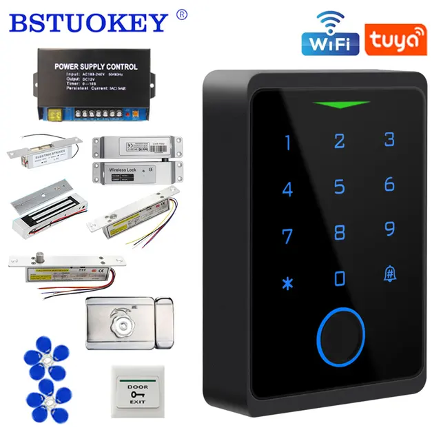 Outdoor Tuya App Wifi Access Control System Kit Set Waterproof RFID EM Fingerprint Keypad + 180Kg Electric Magnetic Strike Locks 1