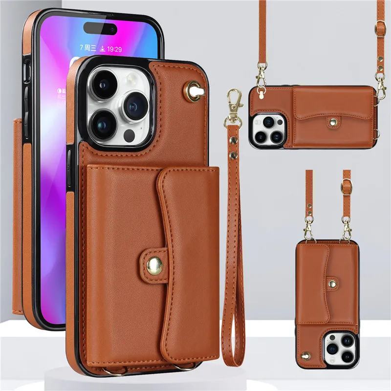 Elegant Leather Lanyard Phone Case with Wallet and Card Holder Flip Cover