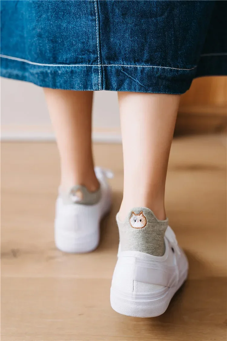 Description Picture 4 of itemWomen Socks Cute Kawaii Cat Embroidery Cotton Soild Color Slippers Summer Low Cut Ankle Funny Cartoon Casual Animal Female Sox
