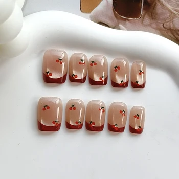 10Pcs French Style Cherry Half Handmade With Cat Eyes Press on Nails Spring Summer Must Have INS Trend Cute Nail Patch Fake Nail 1