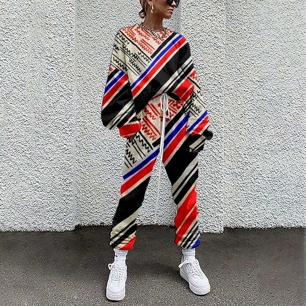 

Women Tracksuit Sweatshirt+Straight Sweatpants Stripe Print 2 Piece Outfit Matching Fitness Sporty Oversized Summer SOJINM 2XL