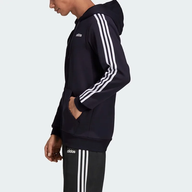 adidas ESSENTIALS 남성용 블랙 3-스트라이프 후드 재킷 플리스 웜 러닝 지퍼 아우터웨어-DQ3101