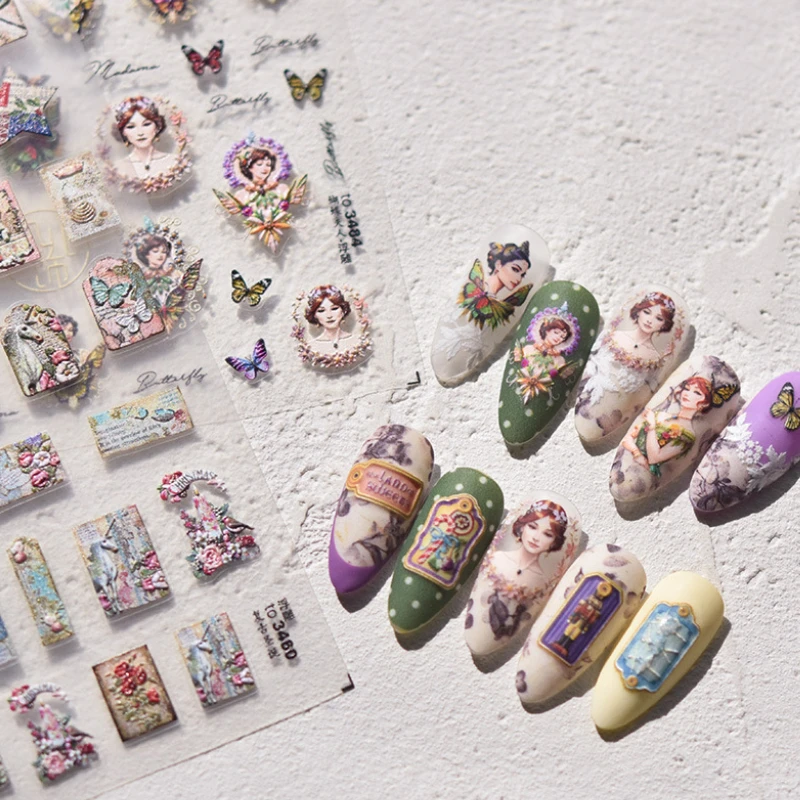 나비 소녀 빈티지 유화 스타일 카드, 3D 자체 접착 네일 아트 스티커, 잠자리..