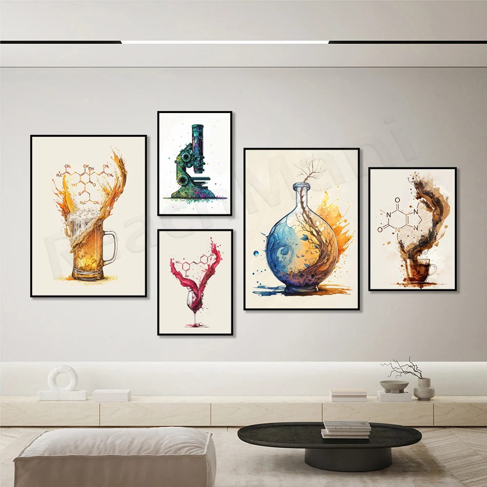 Wine, beer molecule, coffee and caffeine molecule art, chemistry, microscope, chemistry of life poster, gift for science lovers