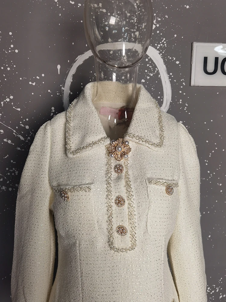 Elegant Short Dress European Style Tweed Lapel Beading Button Long Sleeve Fashion Dresses For Women 2025 Spring Summer 9896