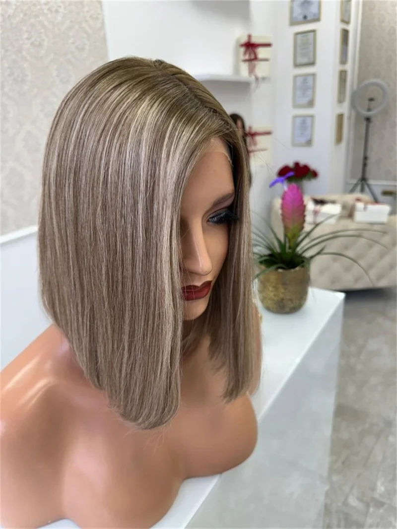 Glueless Short Bob Cut Ash Blonde Lace Frontal Wig Highlights Transparent HD Synthetic Hair Lace Front Wig Soft Straight Bob