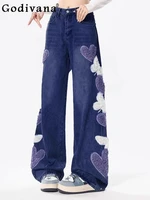 Large Size 2XL-6XL Women Loose High Waist Autumn Winter Fashion Korean Jeans Heart Shape Embroidery Blue Straight Wide-leg Pants
