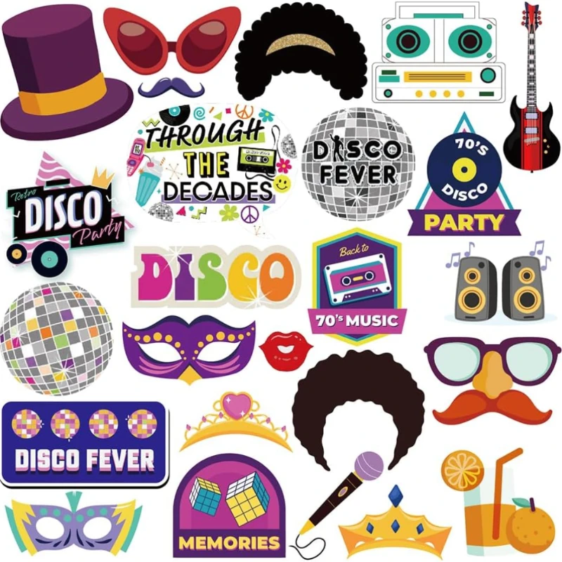 Retro Disco Photo Booth Props Vintage Birthday Photo Props Rock and Roll Party Supplies 25Pcs 70s
