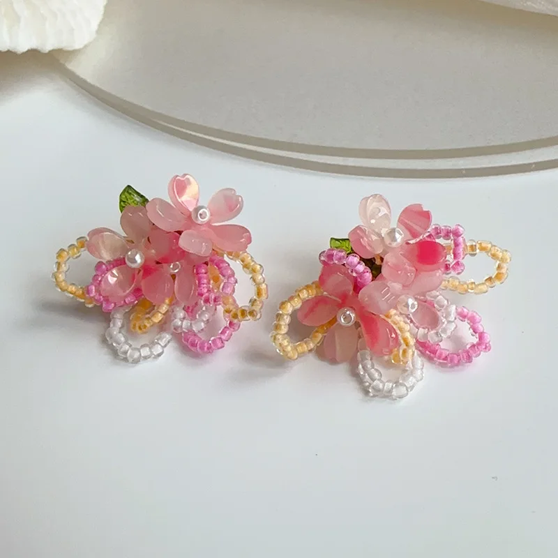 Floral Stud Earrings For Women - Pink Imitation Pearl & Petal Design, Bohemian Wedding Jewelry