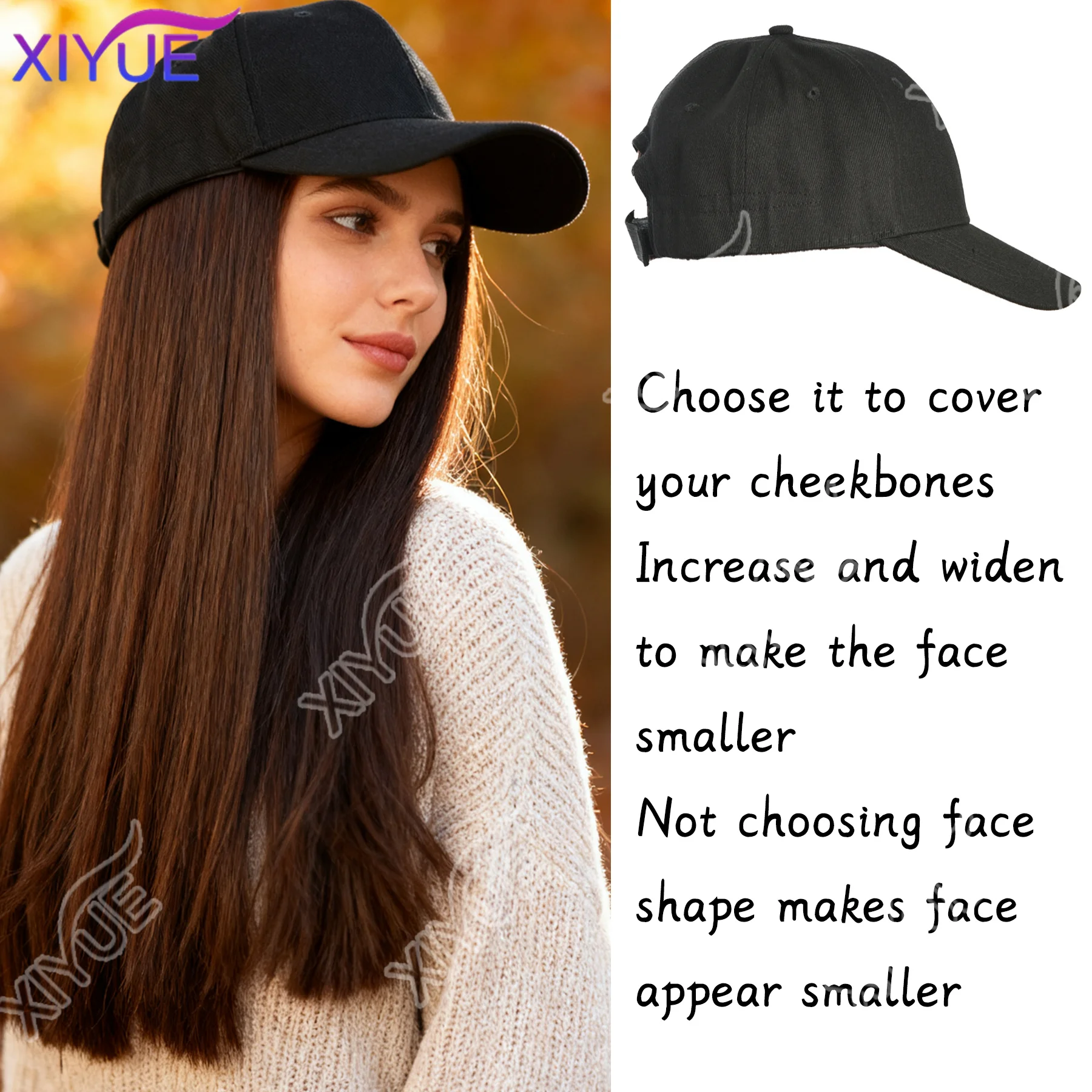 XY Synthetic Hat Wig with Long Straight Black Hair Baseball Cap Hair Extension Stylish & Convenient All-in-One Design for Women
