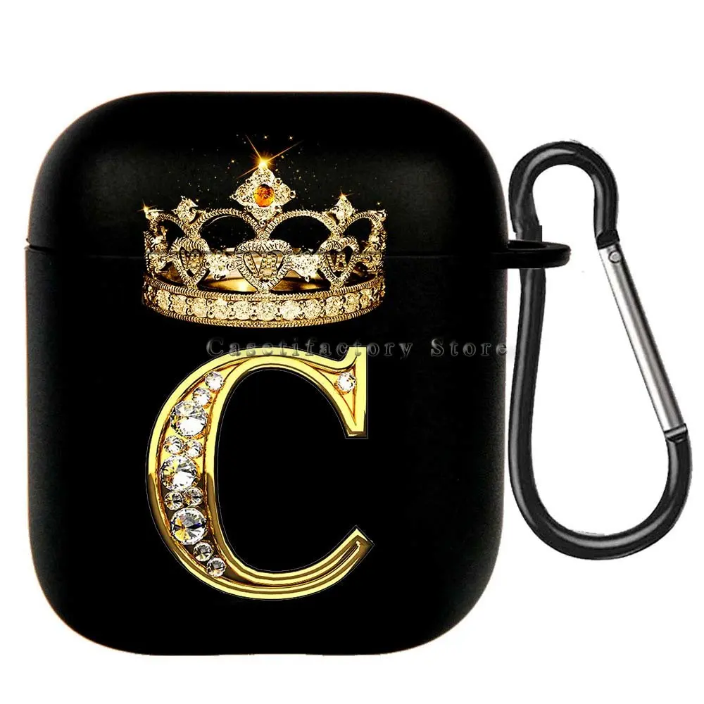 Elegant Diamond Crown Initial AirPods Case - Black Wireless Bluetooth Earphone Cover
