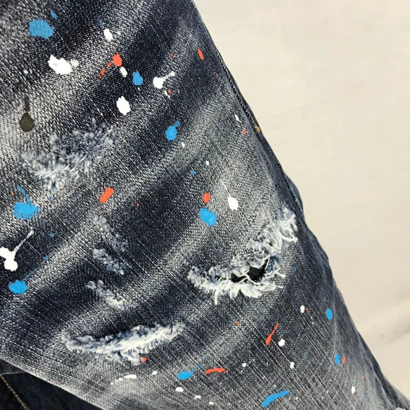Streetwear Fashion Men Jeans High Quality Elastic Stretch Slim Fit Vintage Ripped Jeans Men Painted Designer Brand Pants Hombre