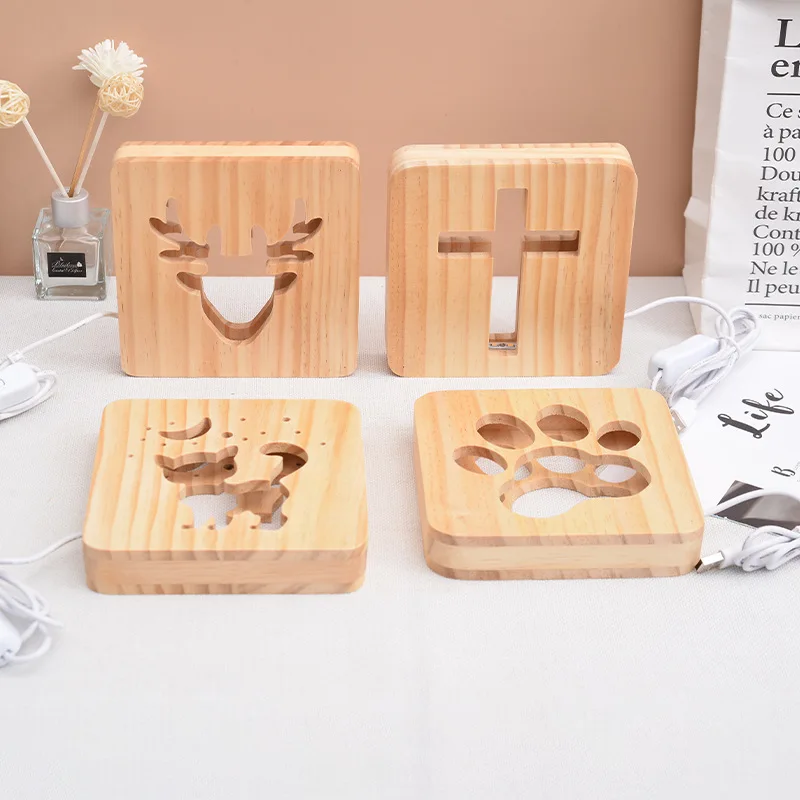 Wooden Craft USB Night Light Creative Dog Paw Cat Deer 3D Hollow Animal Children\'s room Bedside Decoration Table Lamp Kids Gift