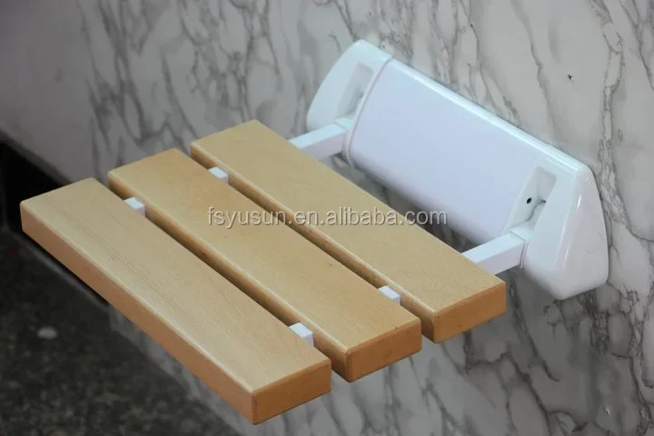 YUSUN Bathroom Wooden Foldable Shower Seat Wall Mounted 3