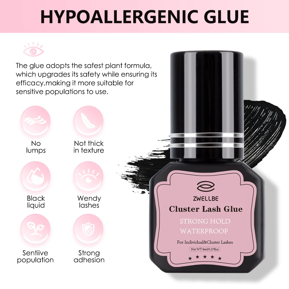 ZWELLBE Lash Clusters Glue 8ml Black Eyelash Glue for DIY Lash Extensions Long-Lasting Waterproof&No Irritation Makeup Tool 2