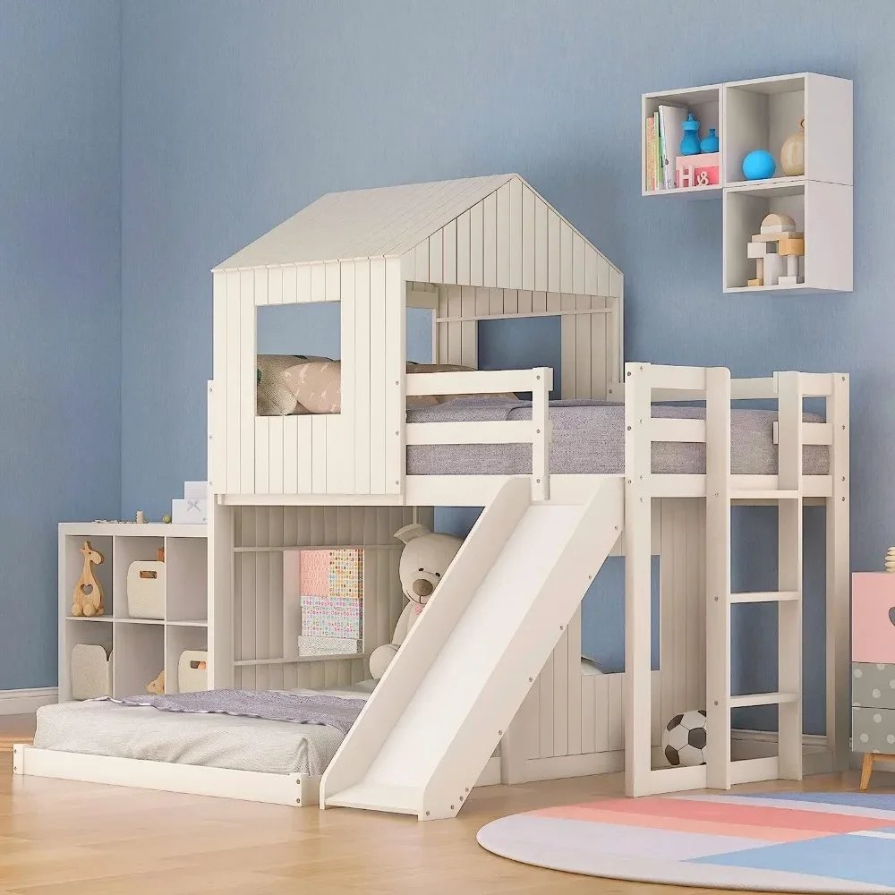 Floor Bunk Beds with Slide, Wooden Twin Over Full Bunk Beds with Slide, Roof and Guard Rail for Kids, Teens, No Box Spring Neede 2