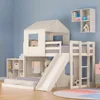 Floor Bunk Beds with Slide, Wooden Twin Over Full Bunk Beds with Slide, Roof and Guard Rail for Kids, Teens, No Box Spring Neede 2